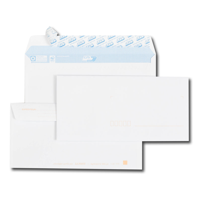 enveloppes blanches DL 110x220 90 g/m² précasées bande de protection 50u