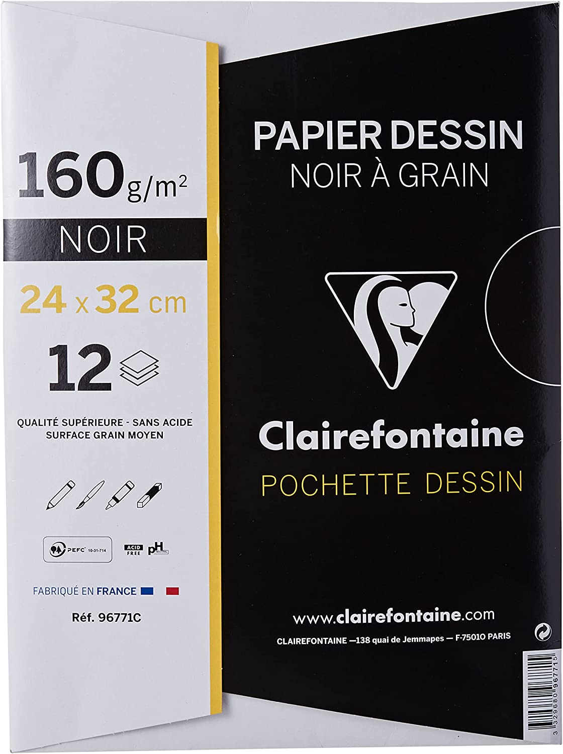 Pochette Dessin Scolaire 12 Feuilles Papier Dessin à Grain Noir 24