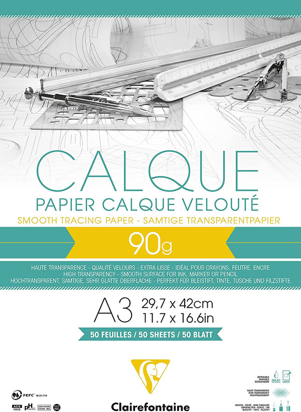 Papier Calque -BLOC  50 Feuilles Papier Calque Hautement Transparent - A3 29,7x42 cm 90/95g