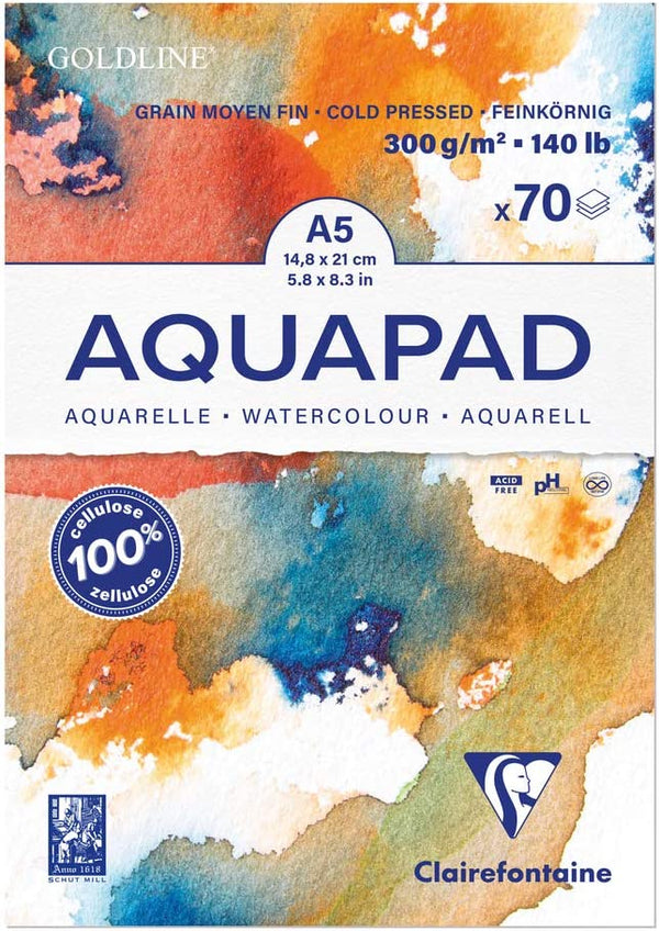 Bloc Encollé Goldline Aquapad - 70 Feuilles Papier Aquarelle Blanc Grain Moyen Fin A5 14,8x21 cm 300g