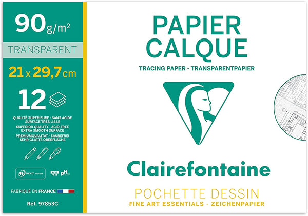 Pochette Dessin Scolaire - 12 Feuilles Papier Calque Hautement Transparent - A4 21x29,7 cm 90/95g