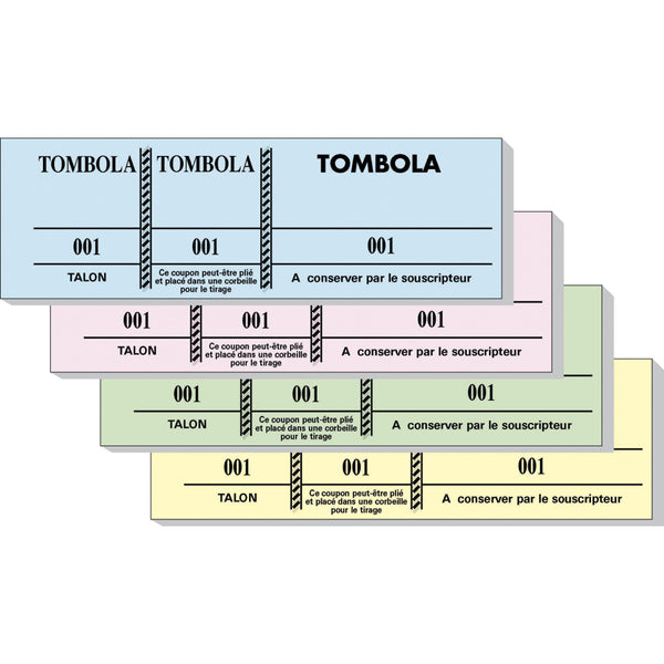 Bloc tombola 100 feuillets numérotés de 3 volets - Format 4,8x15 cm PAR 10 couleur  aleatoire