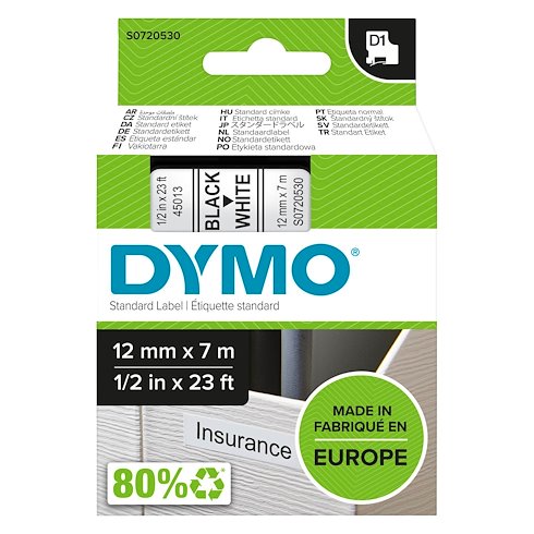 DYMO D1 Cassette de ruban à étiqueter noir/blanc,12 mm x 7 m 45013
