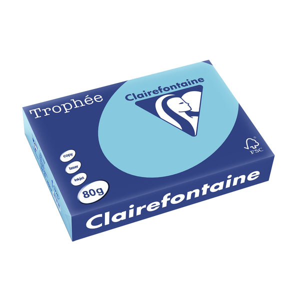 CLAIREFONTAINE TROPHEE -papier couleur -A4 (210x297mm) -80gr/m2 -500 feuilles -coloris BLEU ALIZE