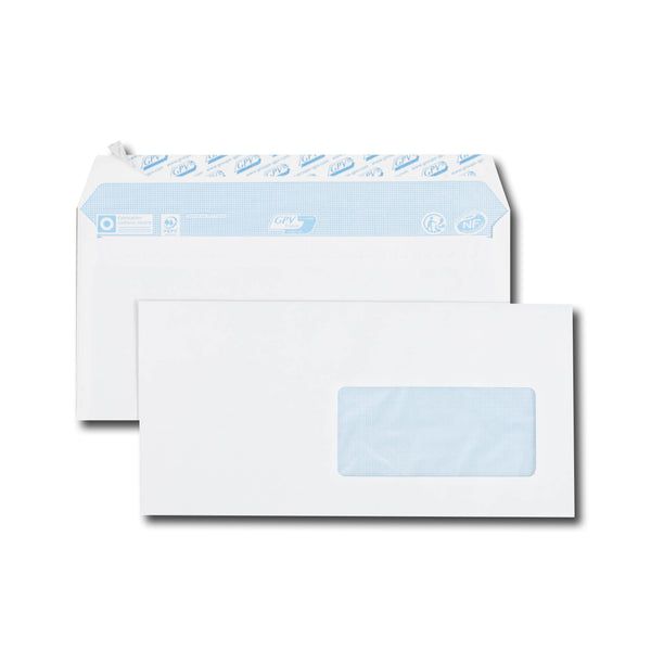 enveloppes blanches DL 110x220 90 g/m² fenêtre 45x100 bande de protection 50u