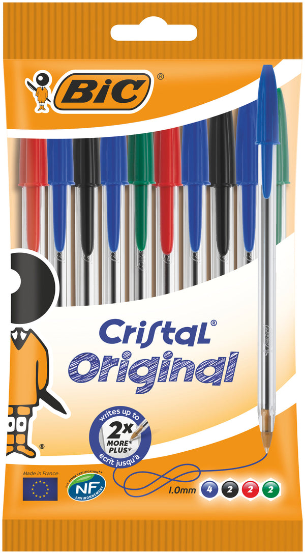 BIC Cristal Original Stylos-Bille Pointe Moyenne (1,0 mm) - Couleurs Assorties, Pochette de 10