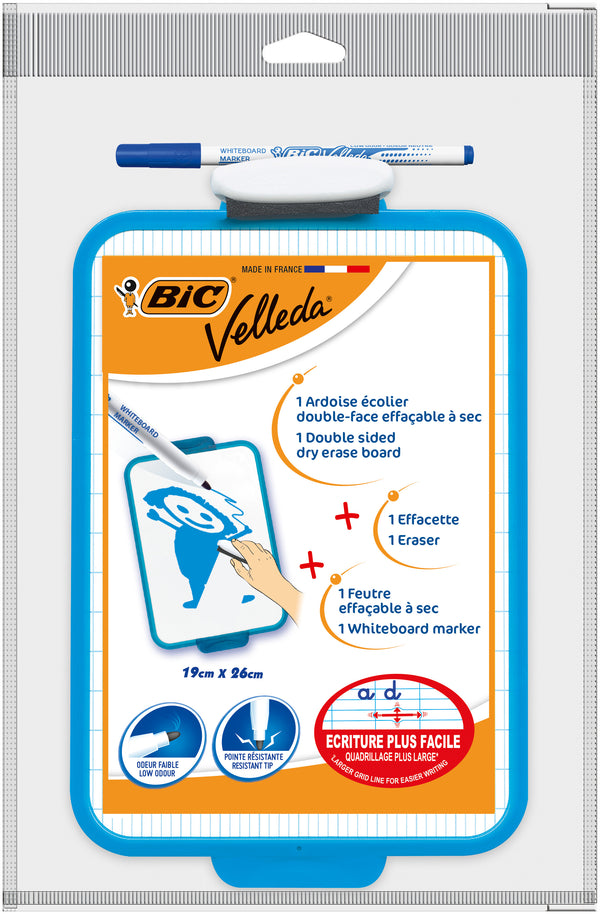 Ardoise VELLEDA BIC  Ecolier Double Face (19 x 26 cm) Effaçable à Sec avec Feutre Bleu Effaçable à Sec et Effacette -