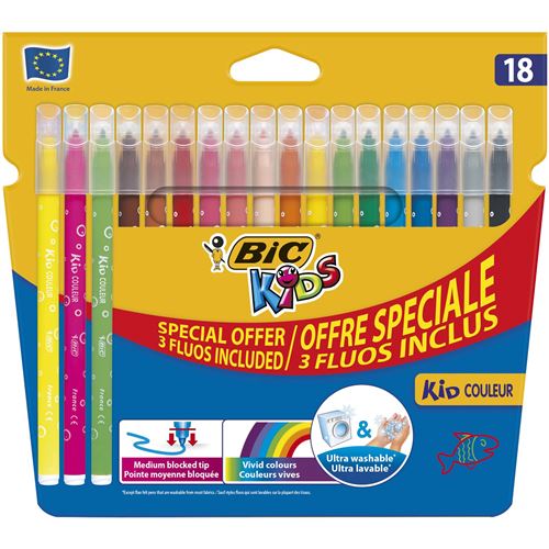 Feutres Bic Kids Couleur ETUI DE 18 avec 3 feutres Bic Fluo