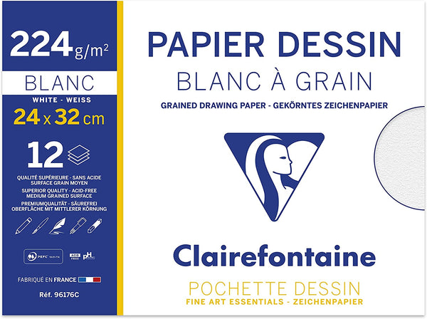 Pochette Dessin Scolaire - 12 Feuilles Papier Dessin Blanc à Grain - 24x32 cm (Dimensions du format A4+) 224g - Idéal pour les Arts...