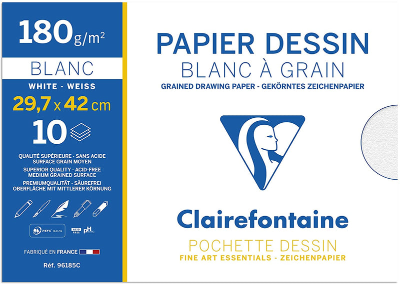 Pochette Dessin Scolaire - 10 Feuilles Papier Dessin Blanc à Grain - A3 29,7x42 cm 180g - Idéal pour les Arts Plastiques