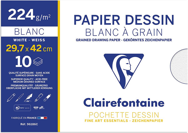 Pochette Dessin Scolaire - 10 Feuilles Papier Dessin Blanc à Grain - A3 29,7x42 cm 224g - Idéal pour les Arts Plastiques
