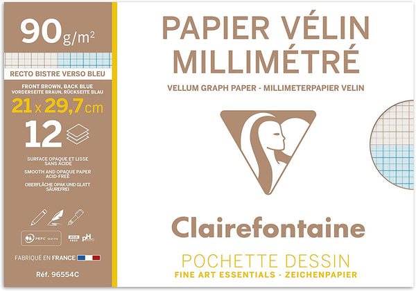 Pochette Dessin Scolaire - 12 Feuilles Papier Vélin Millimétré - A4 21x29,7 cm 90g