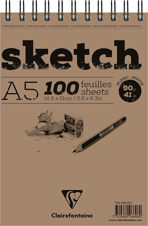 Bloc de dessin Spiralé en-tête Papier Sketch - 100 Feuilles Feuilles Détachables - A5 14,8x21 cm 90g