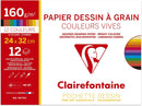 Pochette Dessin Scolaire - 12 Feuilles Papier Dessin à Grain Couleurs Vives Assorties - 24x32 cm 160g