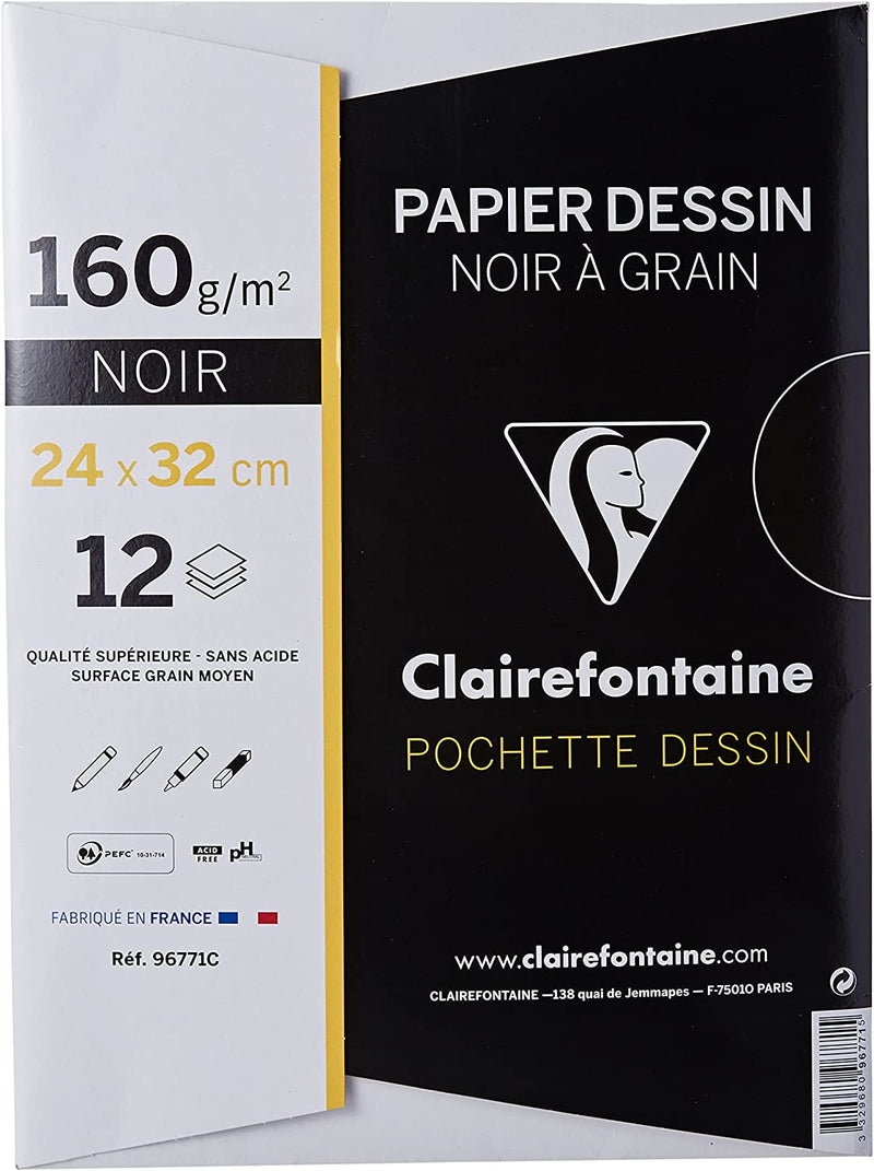 Pochette Dessin Scolaire - 12 Feuilles Papier Dessin à Grain Noir - 24x32 cm 160g - Idéal pour les Arts Plastiques