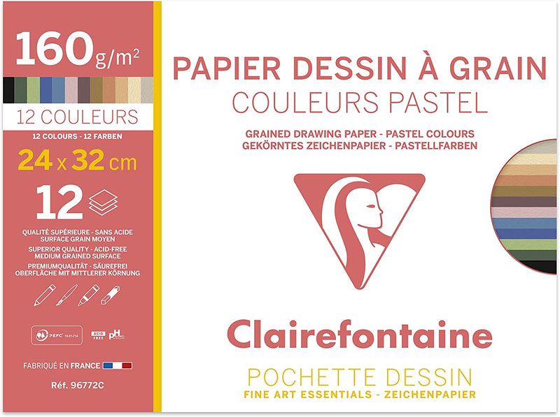Pochette de 12 feuilles Couleurs Pastels Assorties - papier dessin - 24x32cm 160 g