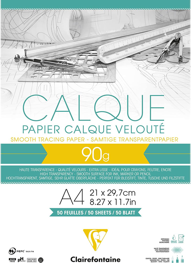 Papier Calque - BLOC 50 Feuilles Papier Calque Hautement Transparent - A4 21x29,7 cm 90/95g