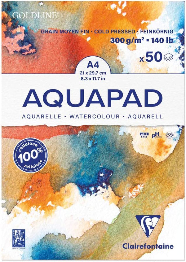 Bloc Encollé Goldline Aquapad - 50 Feuilles Papier Aquarelle Blanc Grain Moyen Fin A4 21x29,7 cm 300g