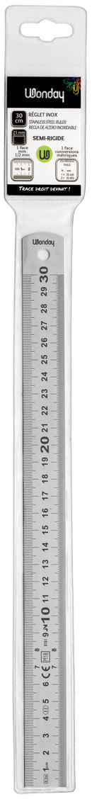 RÉGLET SEMI-RIGIDE LARGE  INOX 1 BORD GRADUÉ EN MM 1 BORD EN 1/2 MM