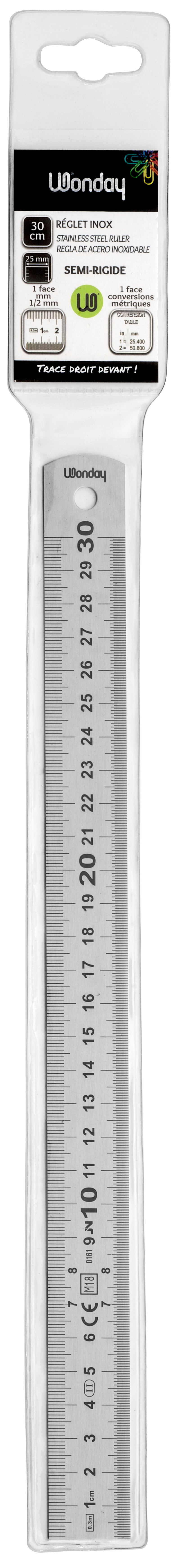 RÉGLET SEMI-RIGIDE LARGE  INOX 1 BORD GRADUÉ EN MM 1 BORD EN 1/2 MM