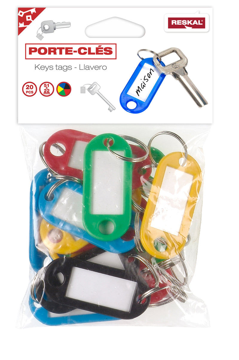 PORTE-CLÉS ÉTIQUETTES 17 MM COLORIS  ASSORTIS lot de 20
