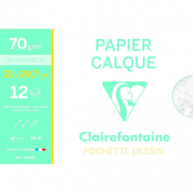 PAPIER CALQUE POCHETTE 12 FEUILLES  A4 (21*29.7cm)  70/75G.